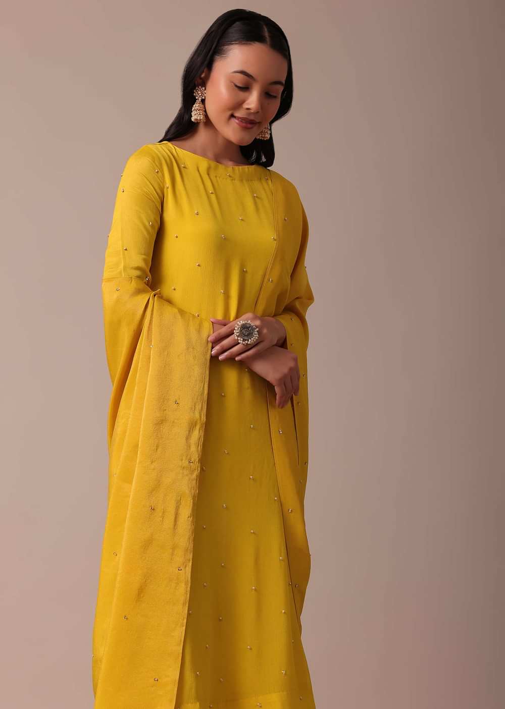 Yellow Pant Set In Chiffon With Sequin Work Kurta