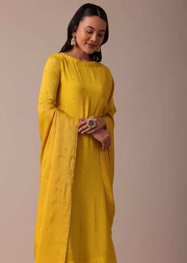 Yellow Pant Set In Chiffon With Sequin Work Kurta