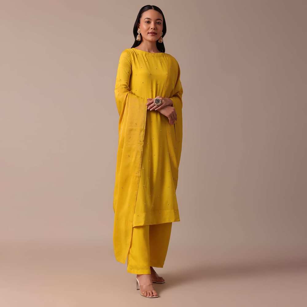 Yellow Pant Set In Chiffon With Sequin Work Kurta