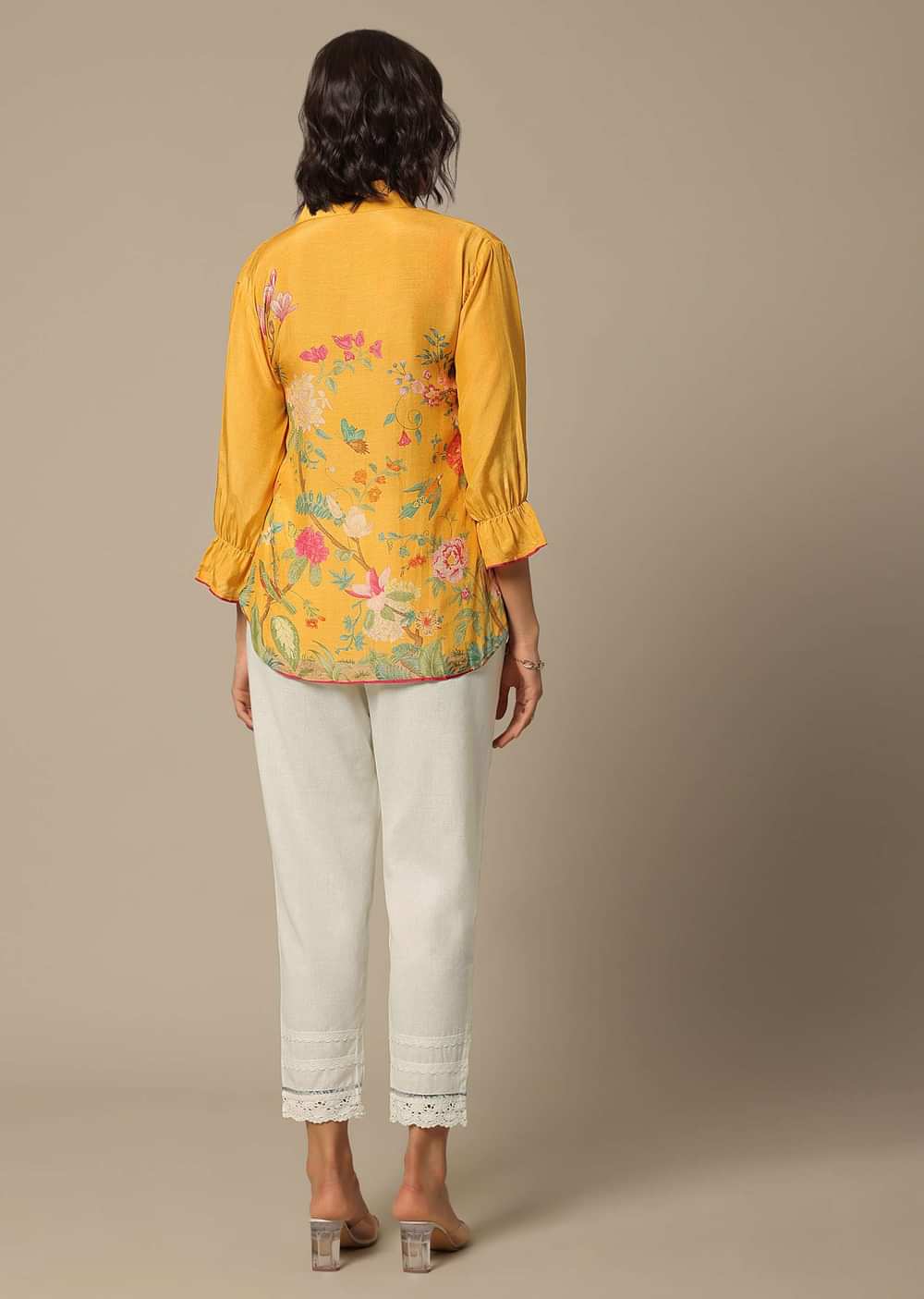 Yellow Pant Set With Embroidered Shirt