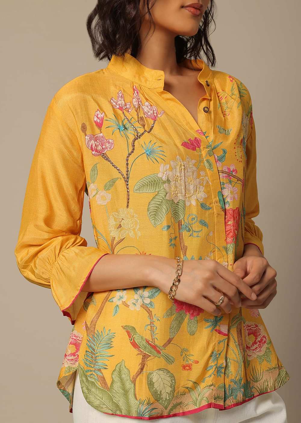 Yellow Pant Set With Embroidered Shirt