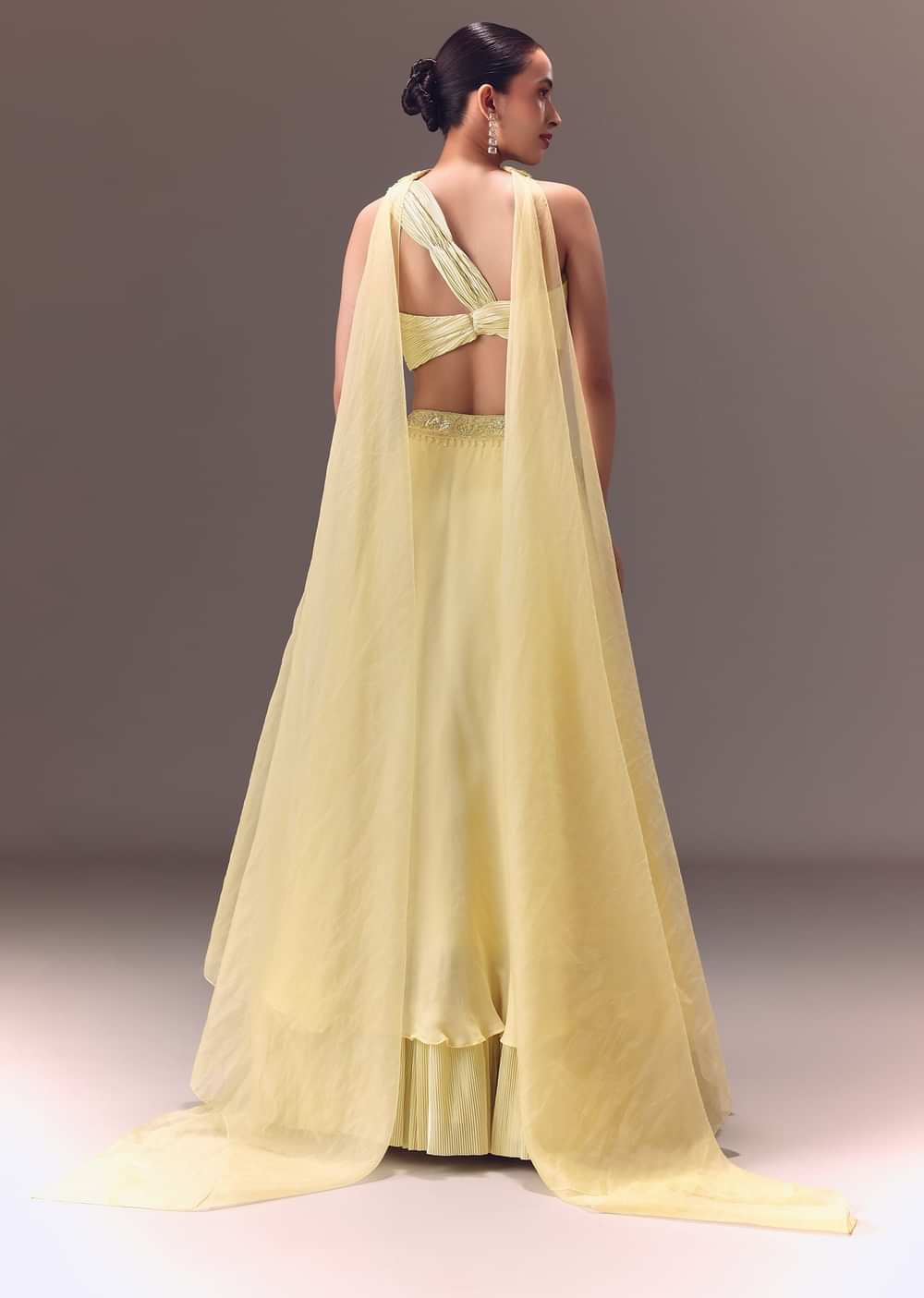 Yellow Pre-Pleated One Shoulder Blouse With Frill Lehenga And Choker Dupatta