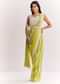 Yellow Pre Stitched Saree With Striped Print And Moti Cutdana Blouse