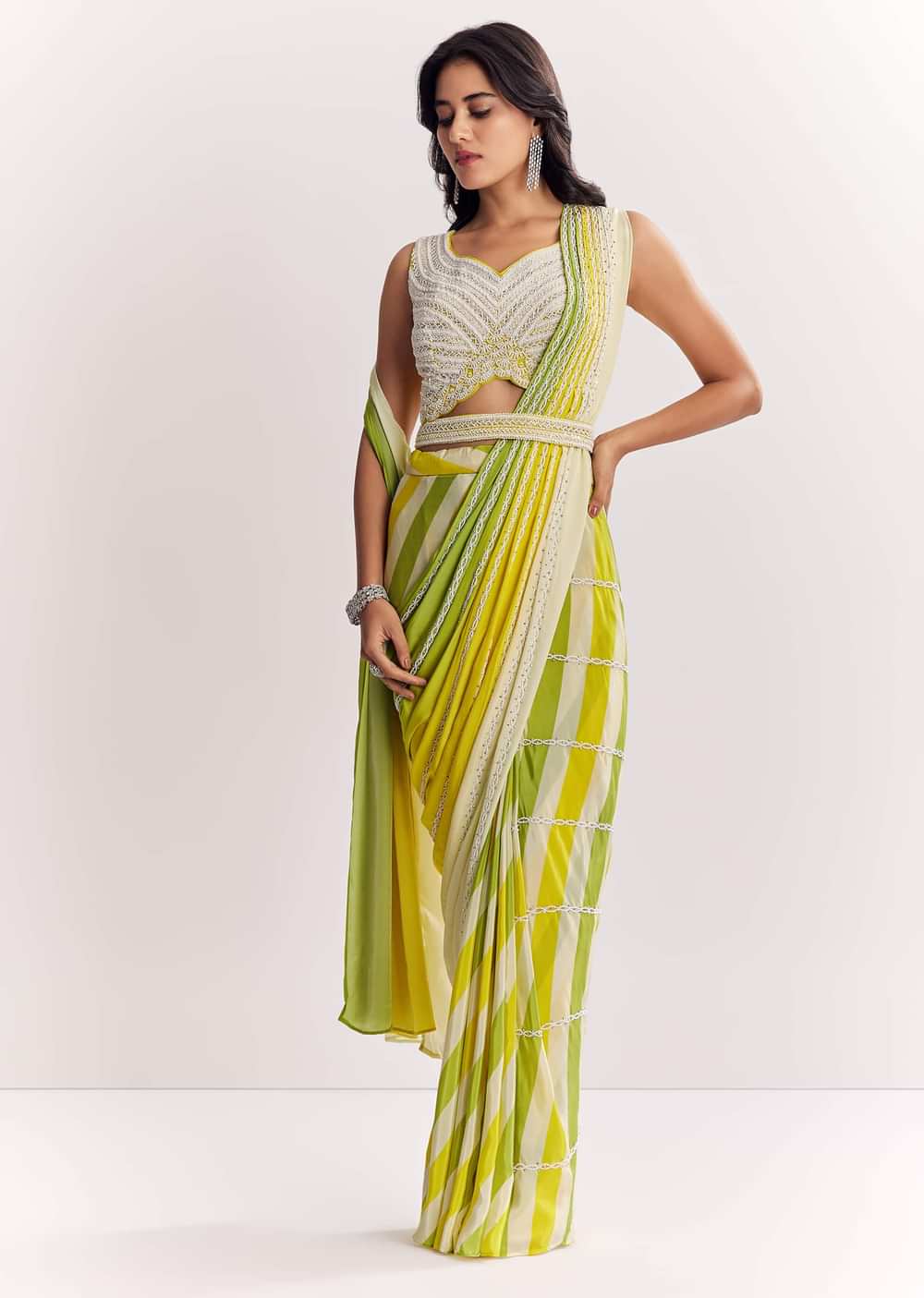Yellow Pre Stitched Saree With Striped Print And Moti Cutdana Blouse