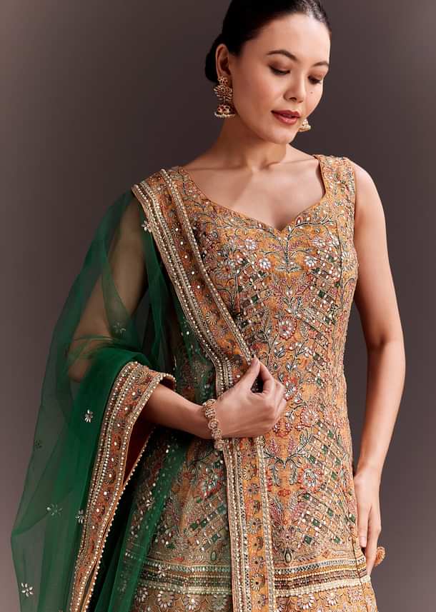 Yellow Printed and Mirror Embroidered Lehenga Set