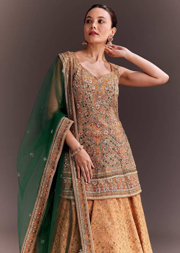 Yellow Printed and Mirror Embroidered Lehenga Set