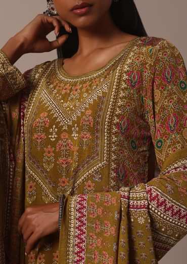 Yellow Printed Chiffon Sharara Set With Stone Work Kurta