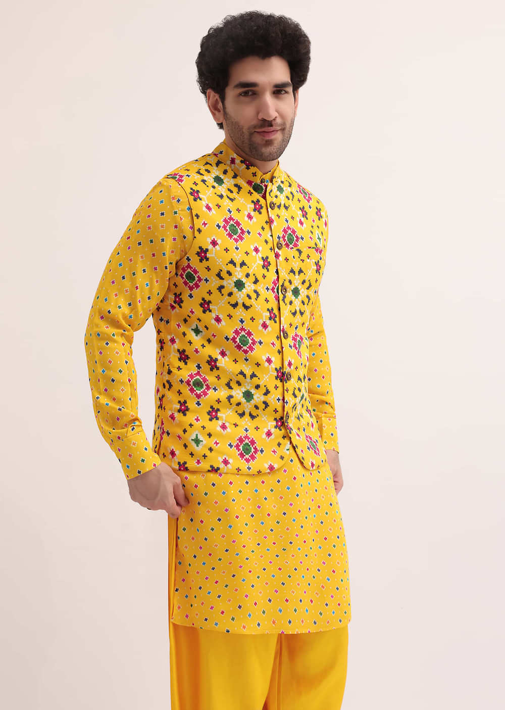 Yellow Patola Printed Kurta Jacket Set For Men