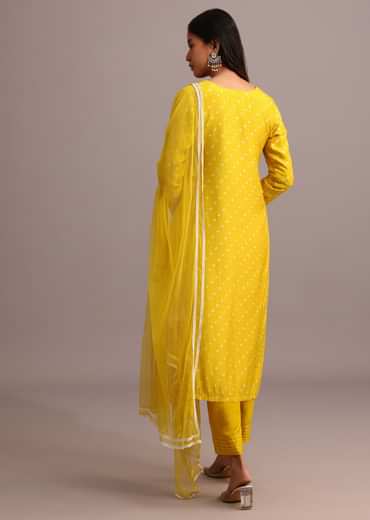 Yellow Printed Kurta Pant Set With Net Dupatta