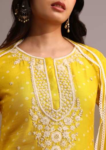 Yellow Printed Kurta Pant Set With Net Dupatta