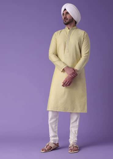 Yellow Printed Kurta Set In Silk With Zari Work