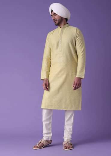 Yellow Printed Kurta Set In Silk With Zari Work