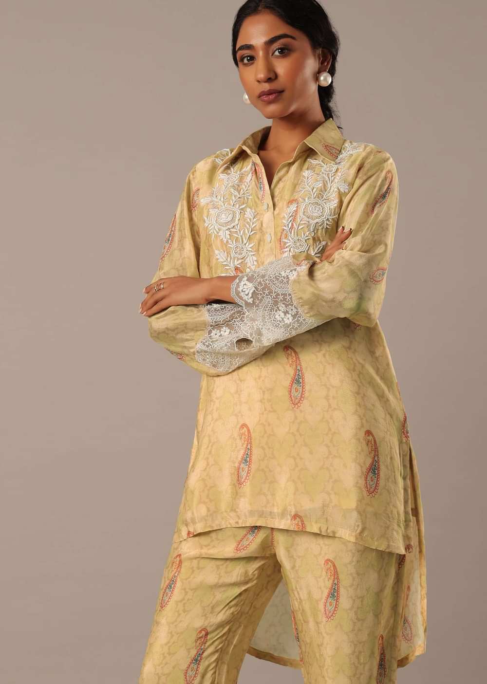 Yellow Printed Kurta Set With Embroidered Detail