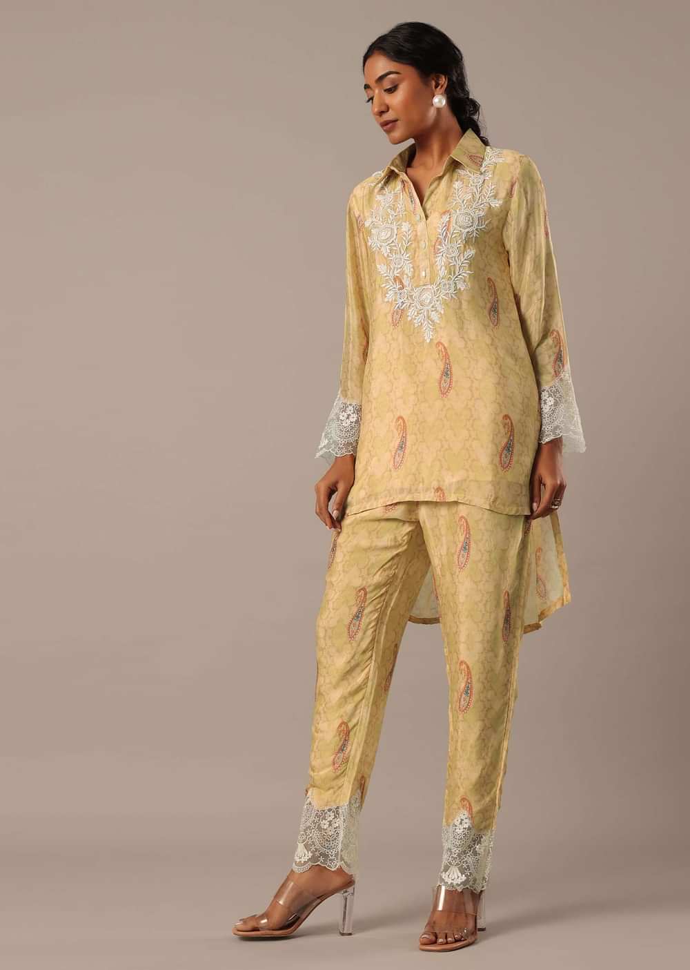 Yellow Printed Kurta Set With Embroidered Detail