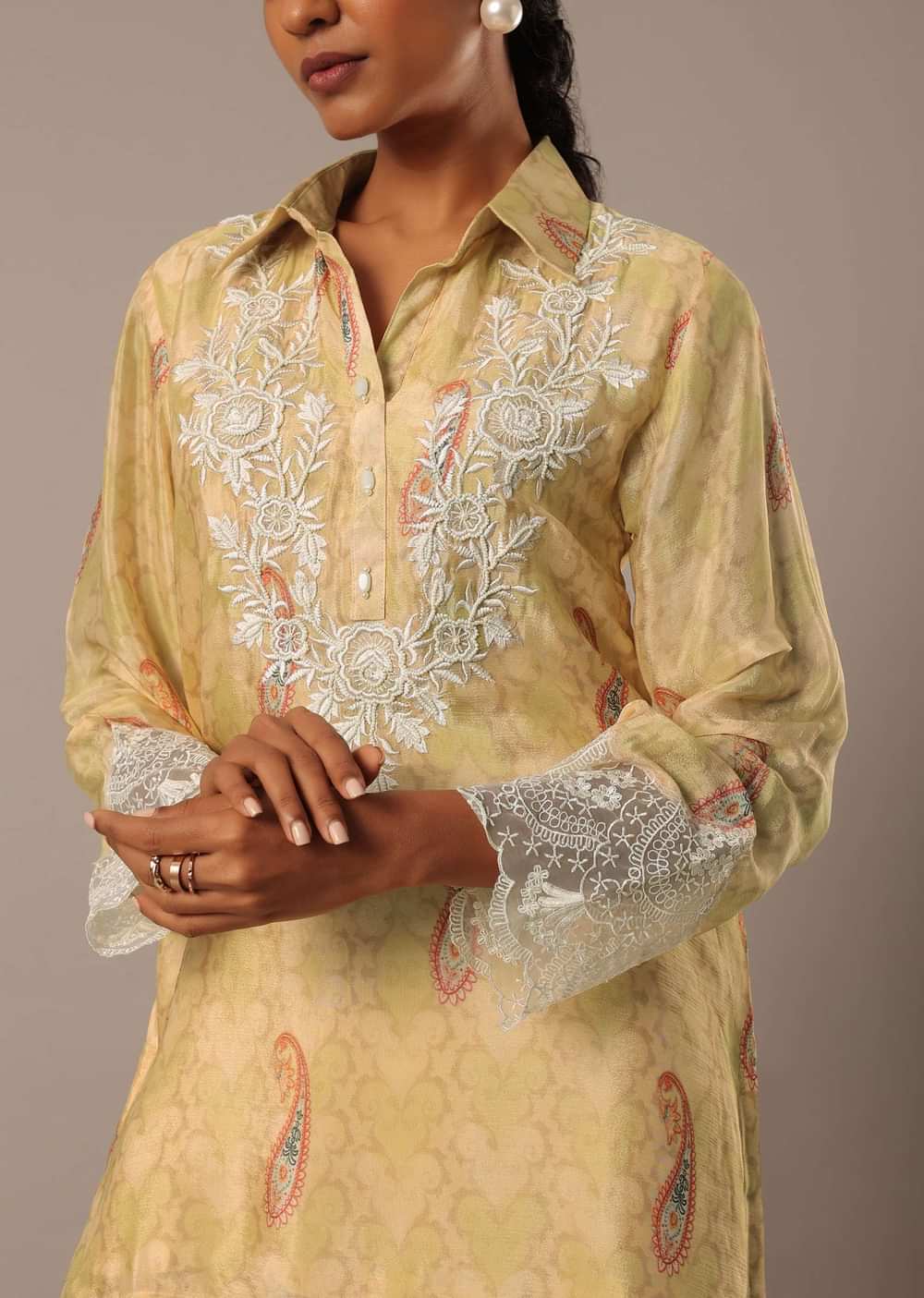 Yellow Printed Kurta Set With Embroidered Detail