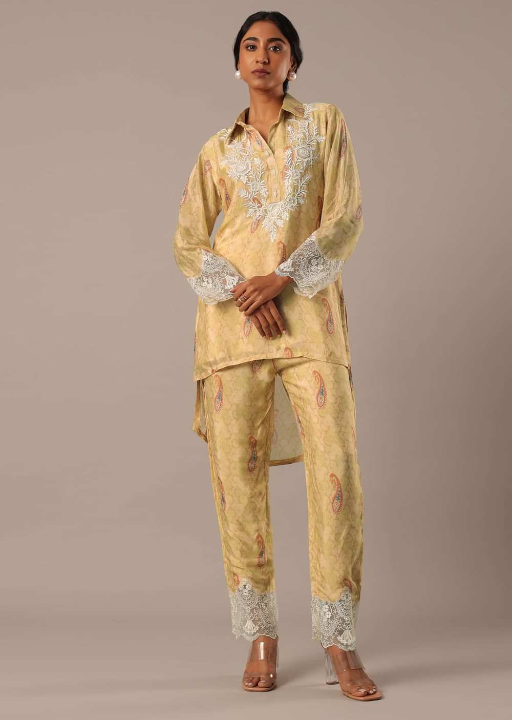 Yellow Printed Kurta Set With Embroidered Detail