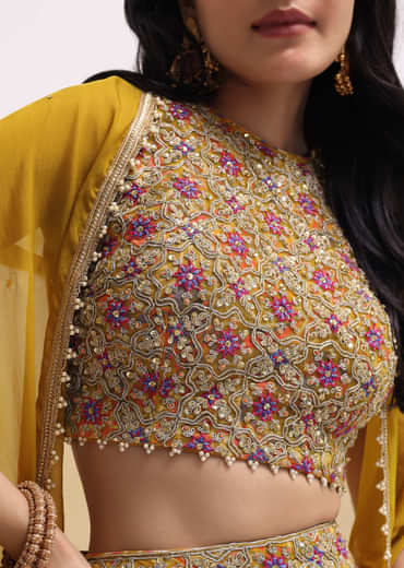 Yellow Printed Net Crop Top Set With Jacket