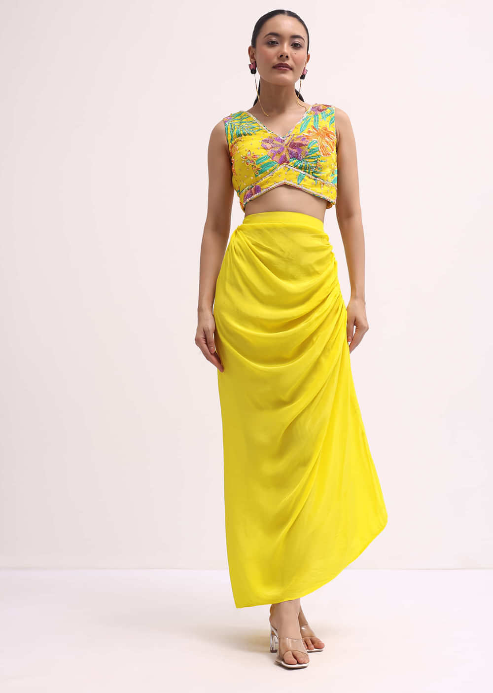 Yellow Printed Satin Crop Top And Skirt Set