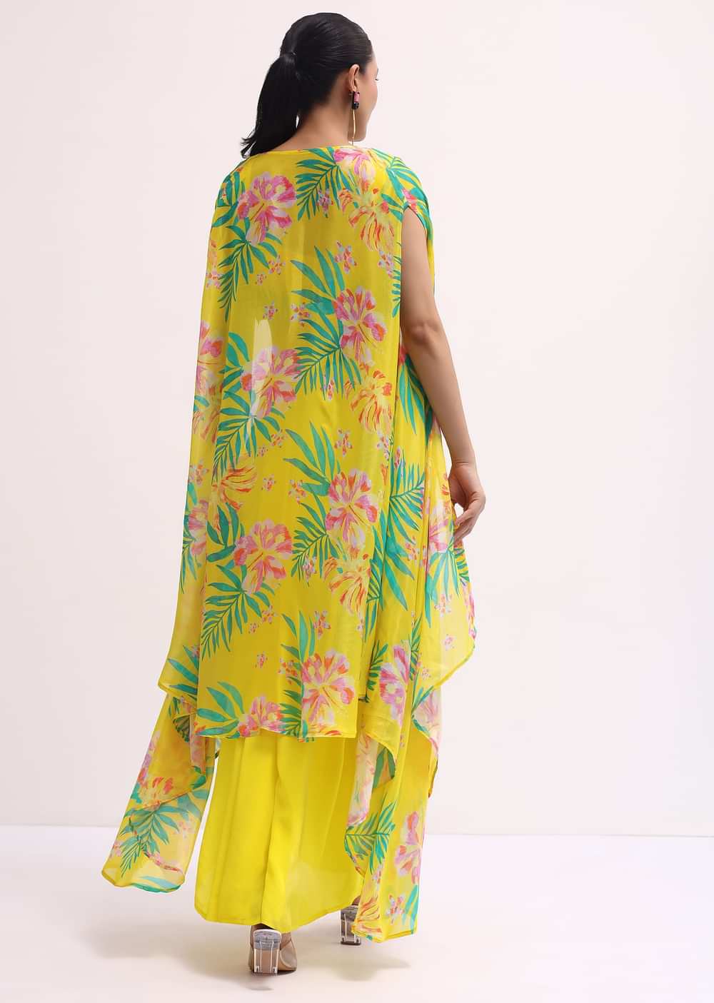 Yellow Printed Satin Crop Top And Skirt Set