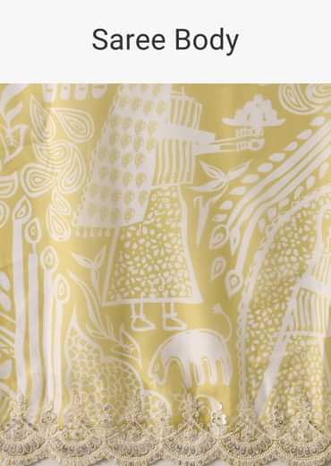 Yellow Printed Satin Saree With Embroidered Detail And Unstitched Blouse Piece