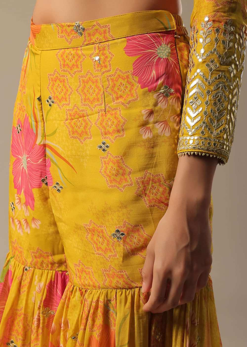 Yellow Printed Sharara Set With Gotta Patti Kurta
