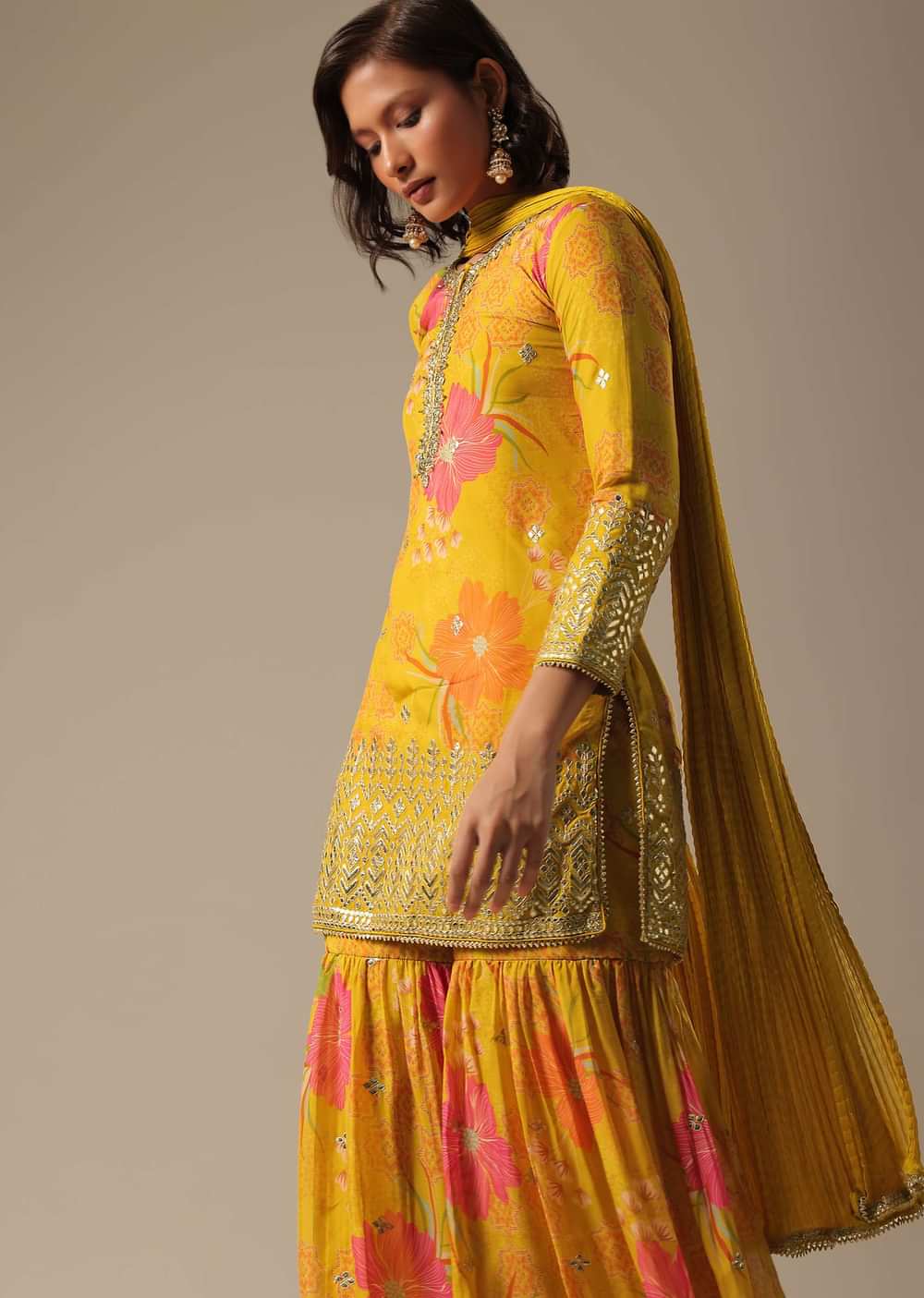 Yellow Printed Sharara Set With Gotta Patti Kurta