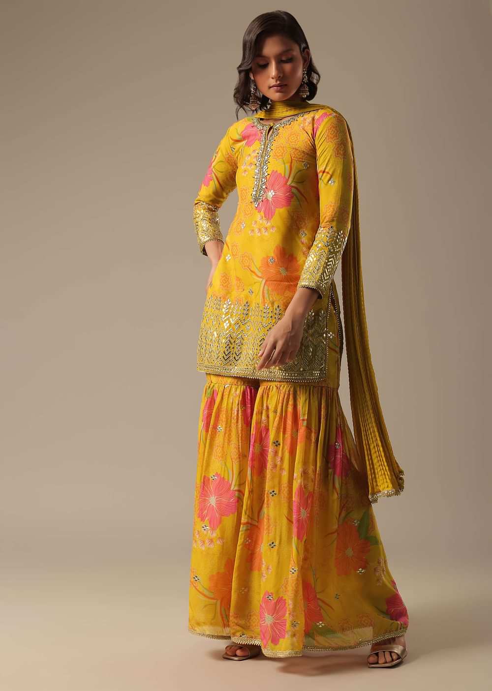 Yellow Printed Sharara Set With Gotta Patti Kurta