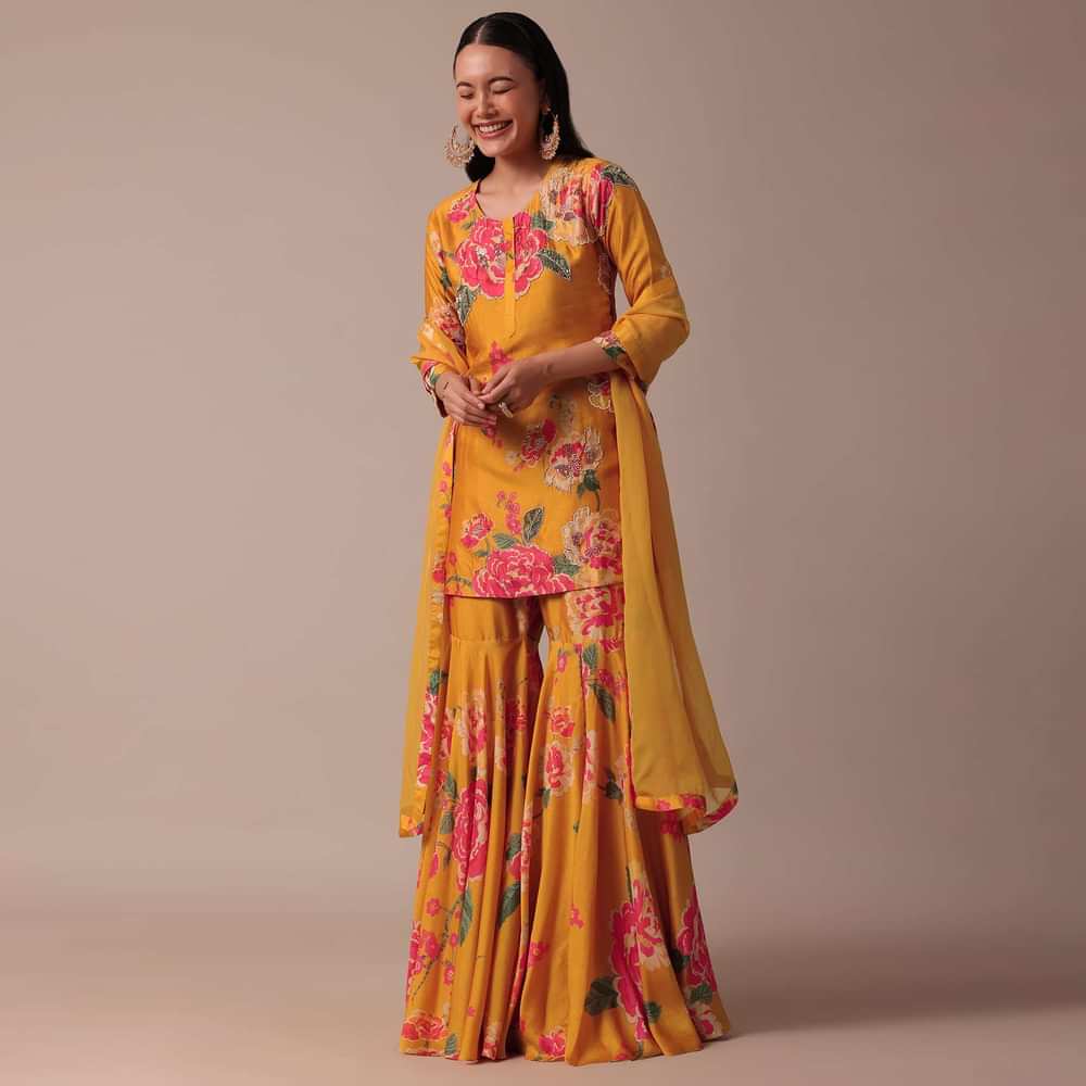 Yellow Printed Sharara Set With Sequin Work
