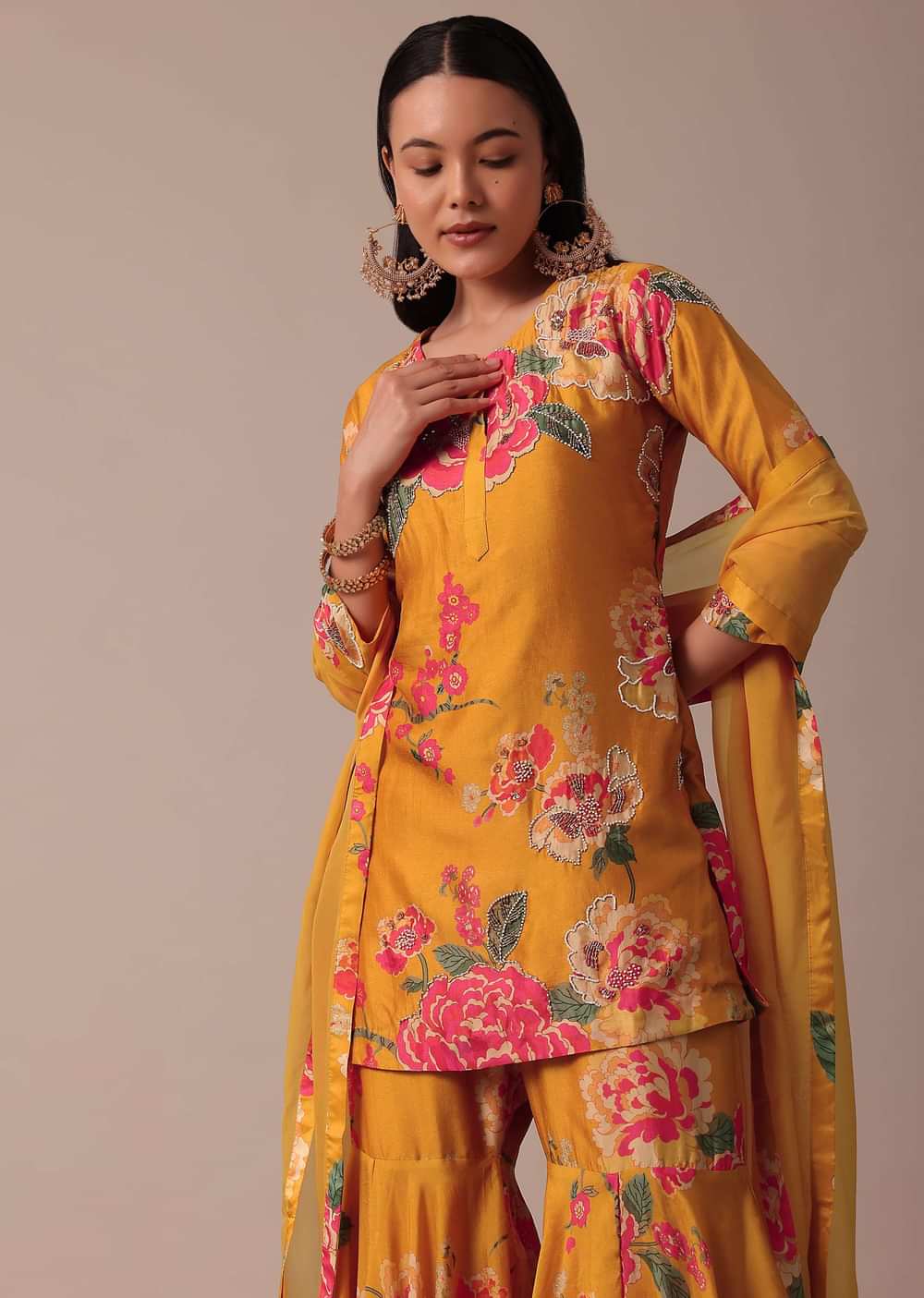 Yellow Printed Sharara Set With Sequin Work