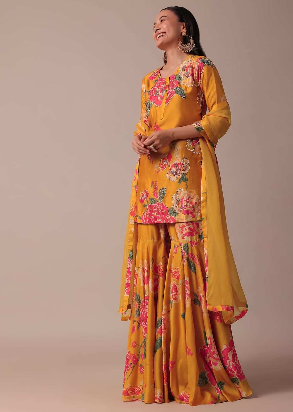 Yellow Printed Sharara Set With Sequin Work