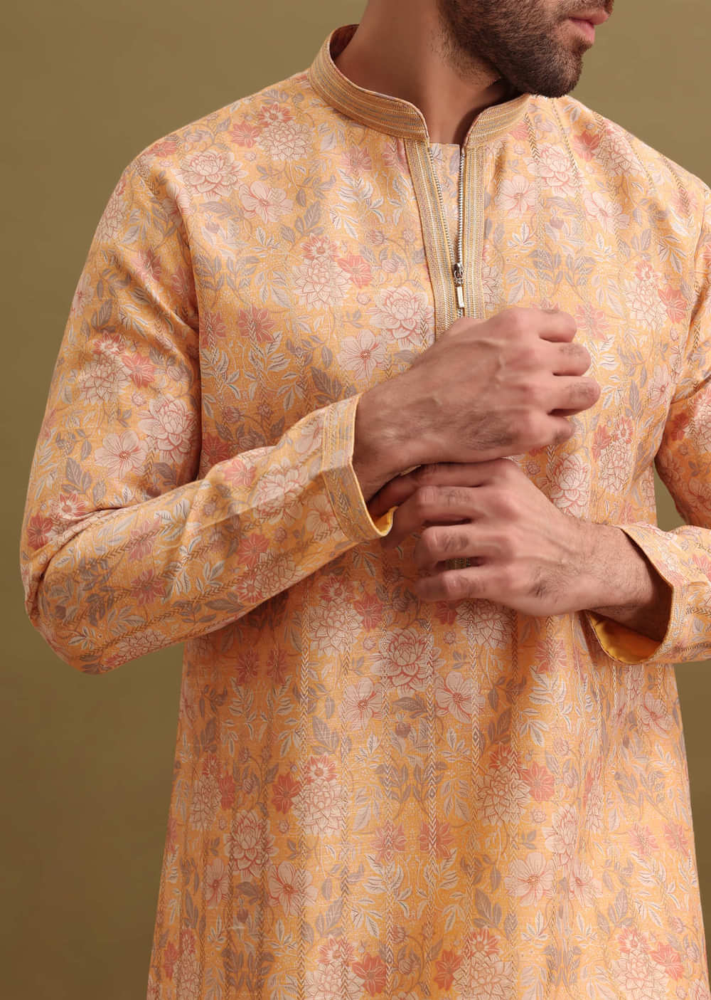 Yellow Printed Silk Zipper Kurta Set For Men