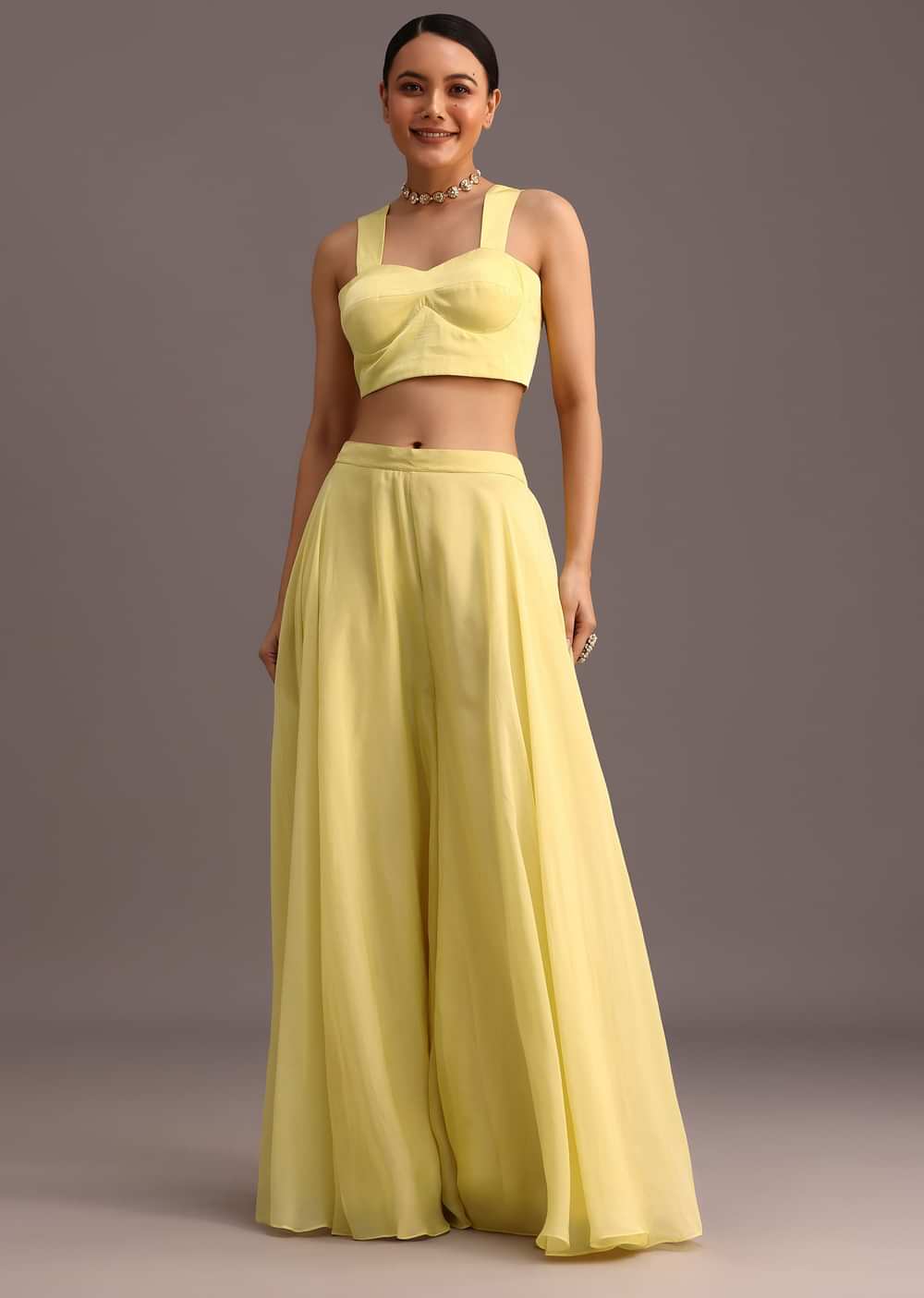 Yellow Resham Work Jacket And Croptop Palazzo Set