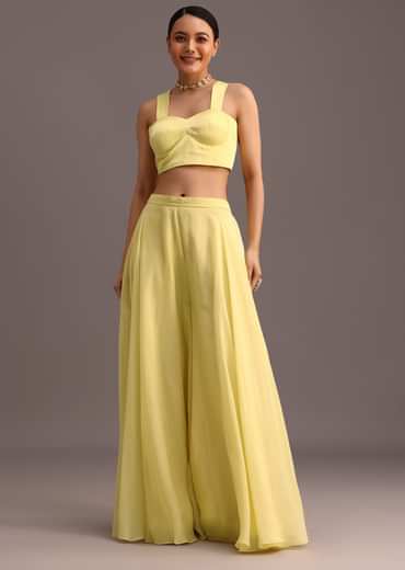 Yellow Resham Work Jacket And Croptop Palazzo Set