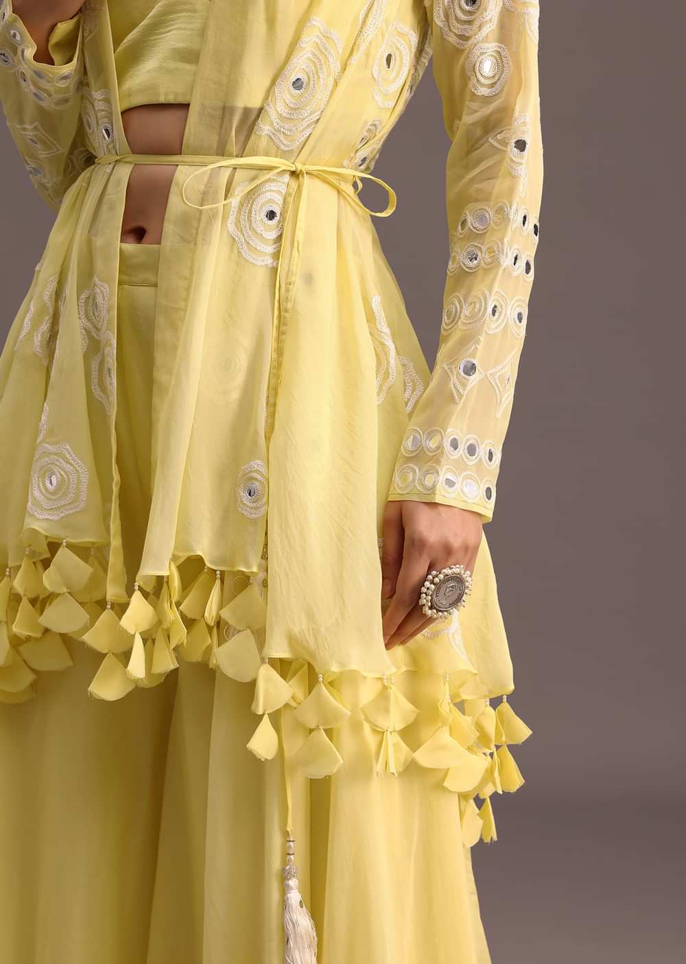 Yellow Resham Work Jacket And Croptop Palazzo Set
