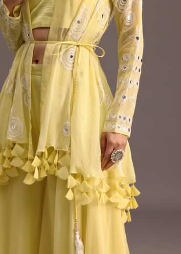 Yellow Resham Work Jacket And Croptop Palazzo Set