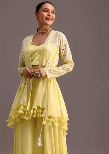 Yellow Resham Work Jacket And Croptop Palazzo Set