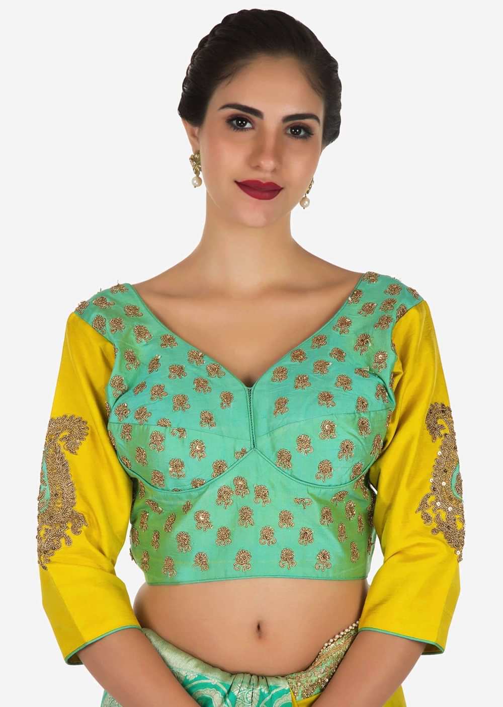 Yellow saree in cotton with ready stitched blouse embellished in zari butti embroidery only on Kalki