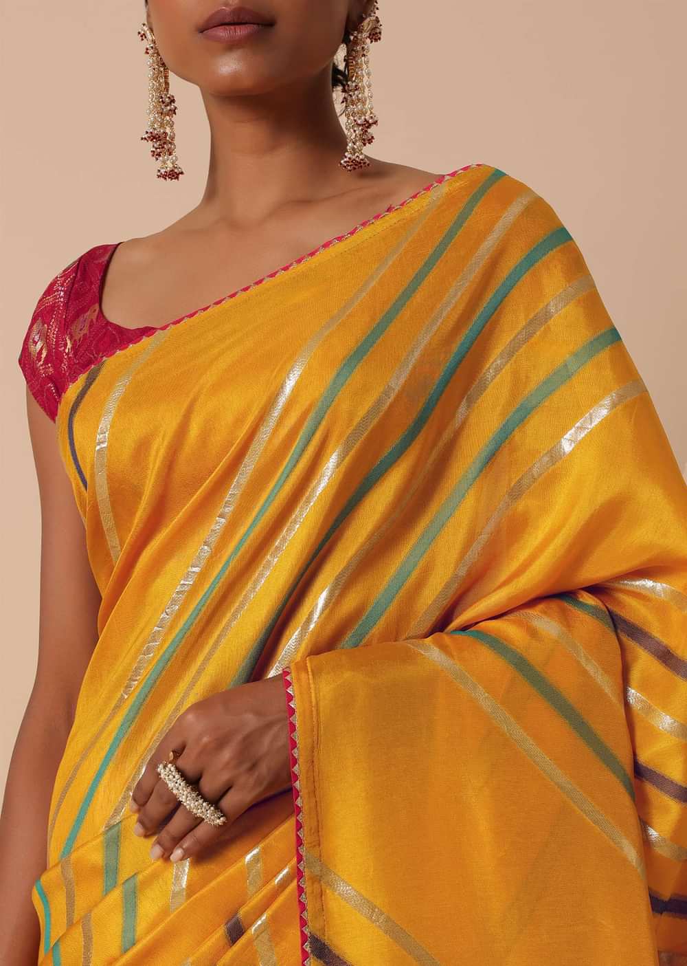 Yellow Saree In Dola Silk With Striped Pattern Lurex Zari And Contrast Unstitched Blouse Piece