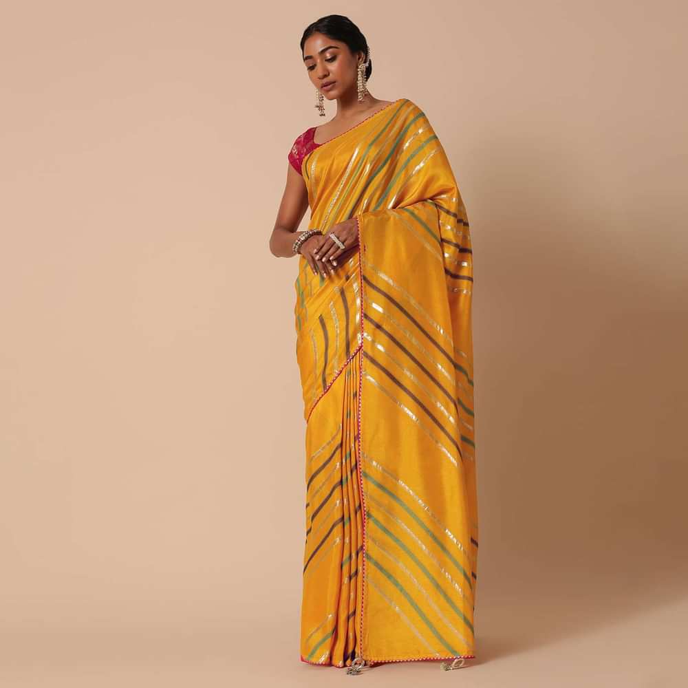 Yellow Saree In Dola Silk With Striped Pattern Lurex Zari And Contrast Unstitched Blouse Piece
