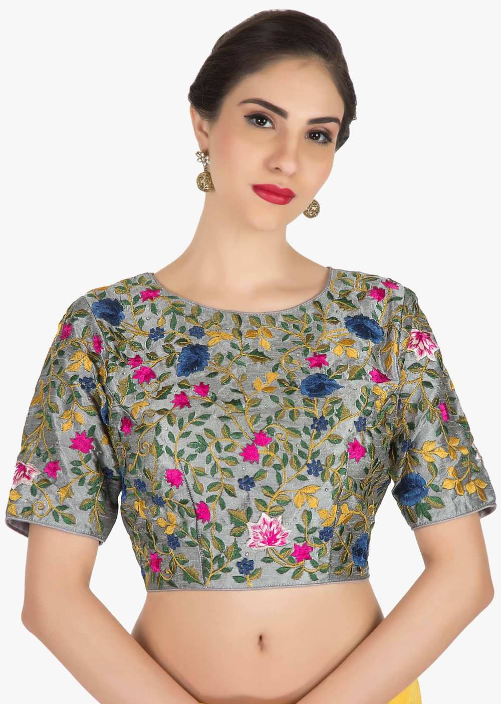 Yellow saree in silk with ready stitched blouse beautified in resham and cut dana work only on Kalki