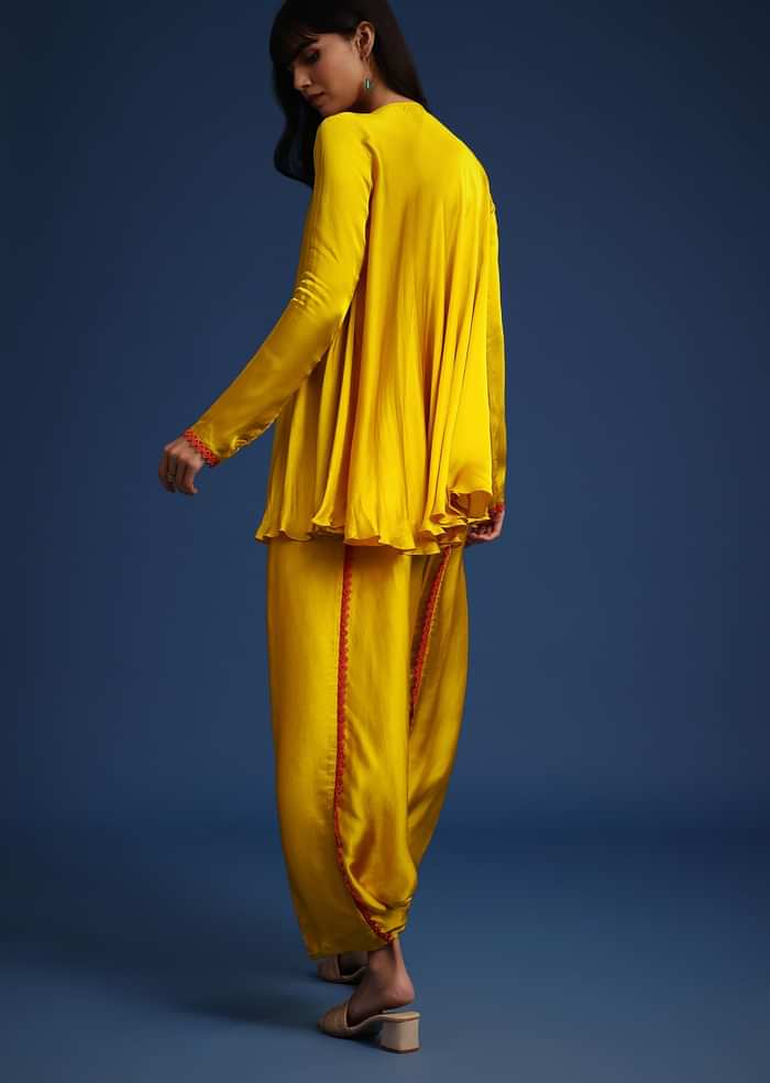 Yellow Satin Kurta And Dhoti Set