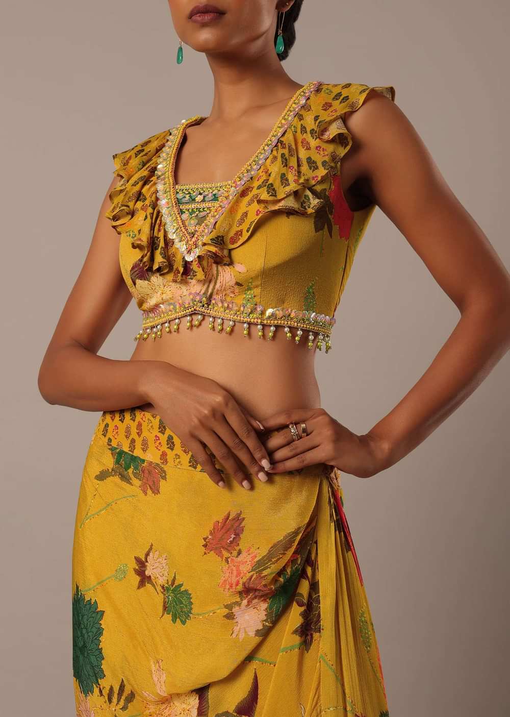 Yellow Sequin Embellished Blouse And Printed Dhoti Set