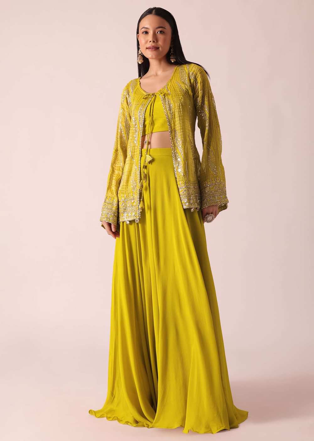 Yellow Sequin Embellished Jacket And Palazzo Set