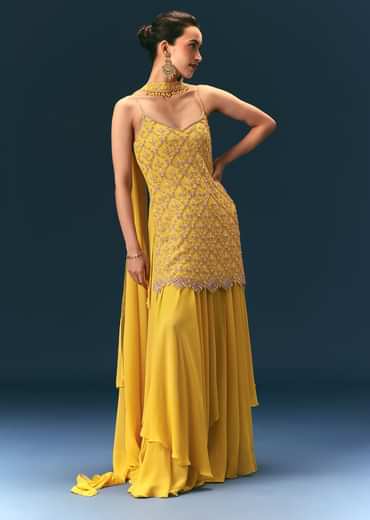 Yellow Sequin Hand Work Sharara Suit With Embroidered Choker Dupatta