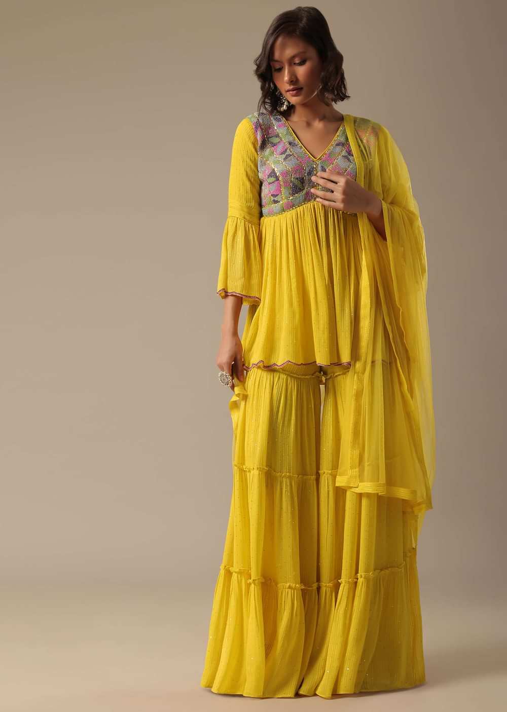 Yellow Sharara Set With Embroidered Peplum Top And Dupatta