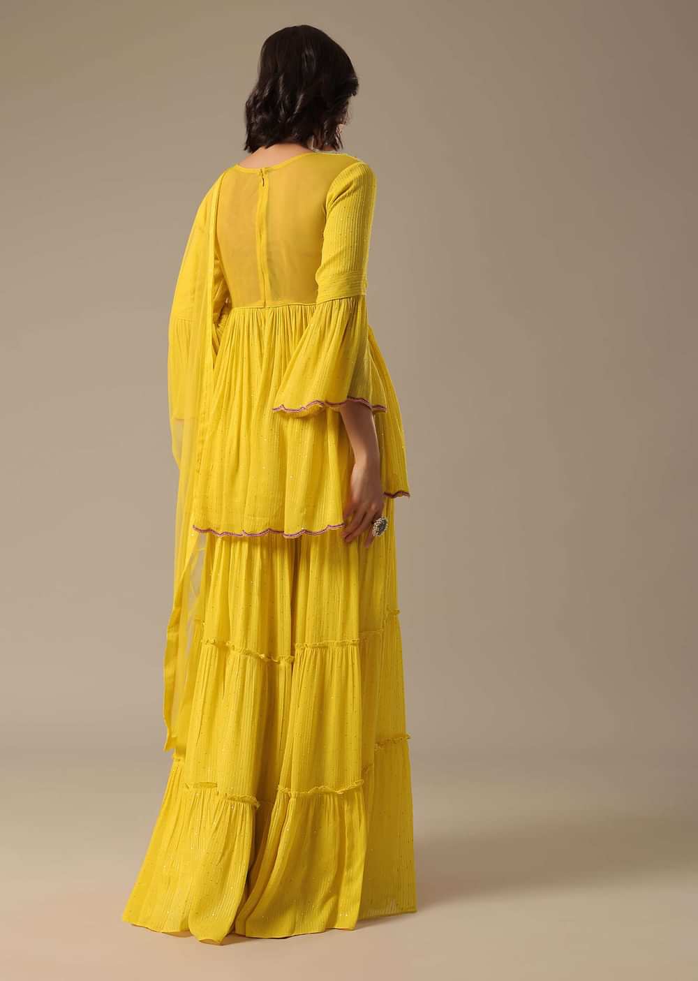 Yellow Sharara Set With Embroidered Peplum Top And Dupatta