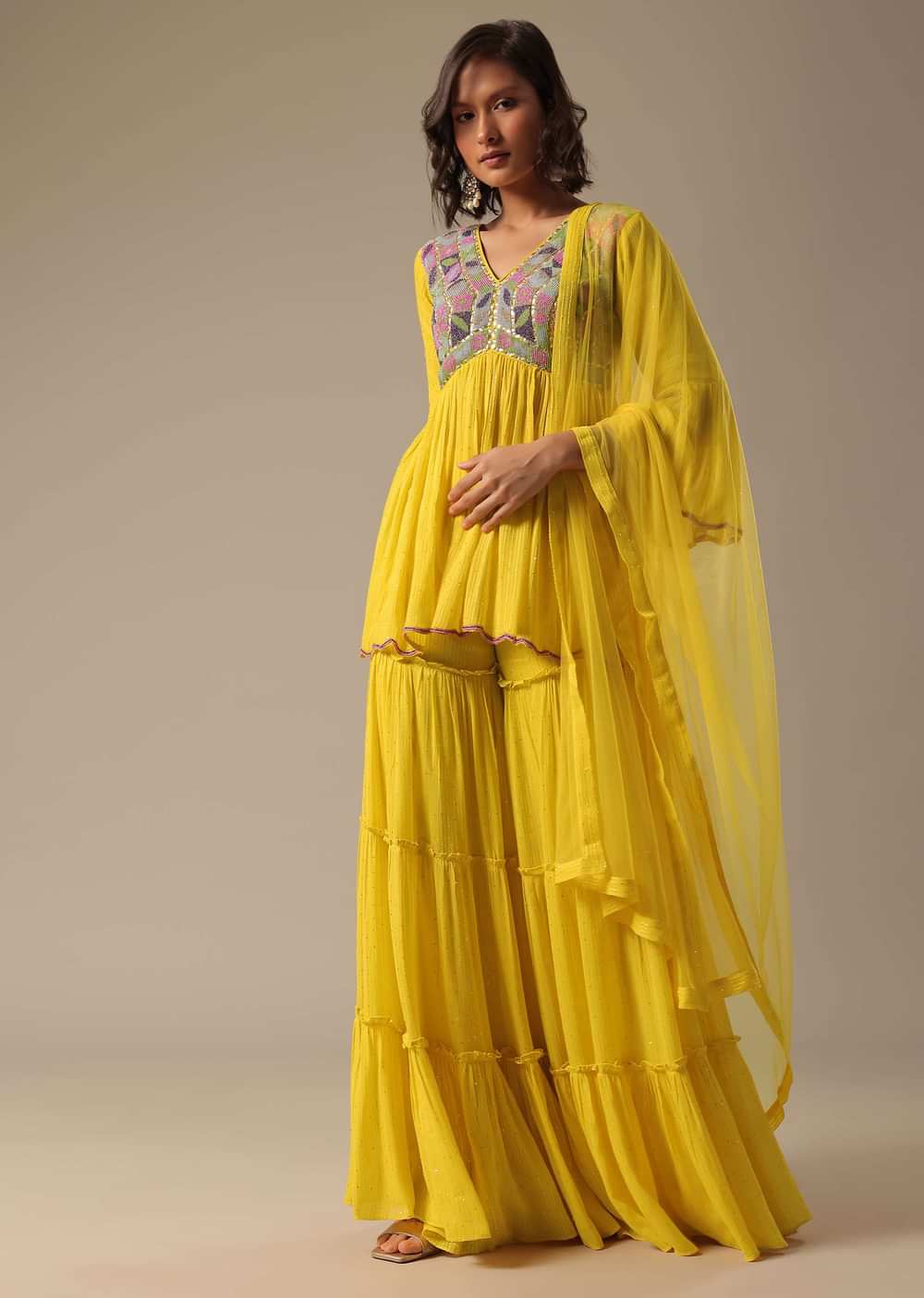 Yellow Sharara Set With Embroidered Peplum Top And Dupatta