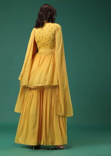 Yellow Sharara Suit Set In Georgette With Fancy Sleeves