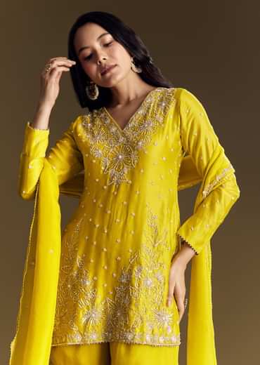 Yellow Sharara Suit With Cut Dana Sequins