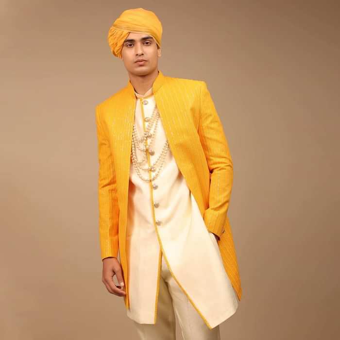 Yellow Sherwani With Lucknowi Work and Asymmetric Hemline